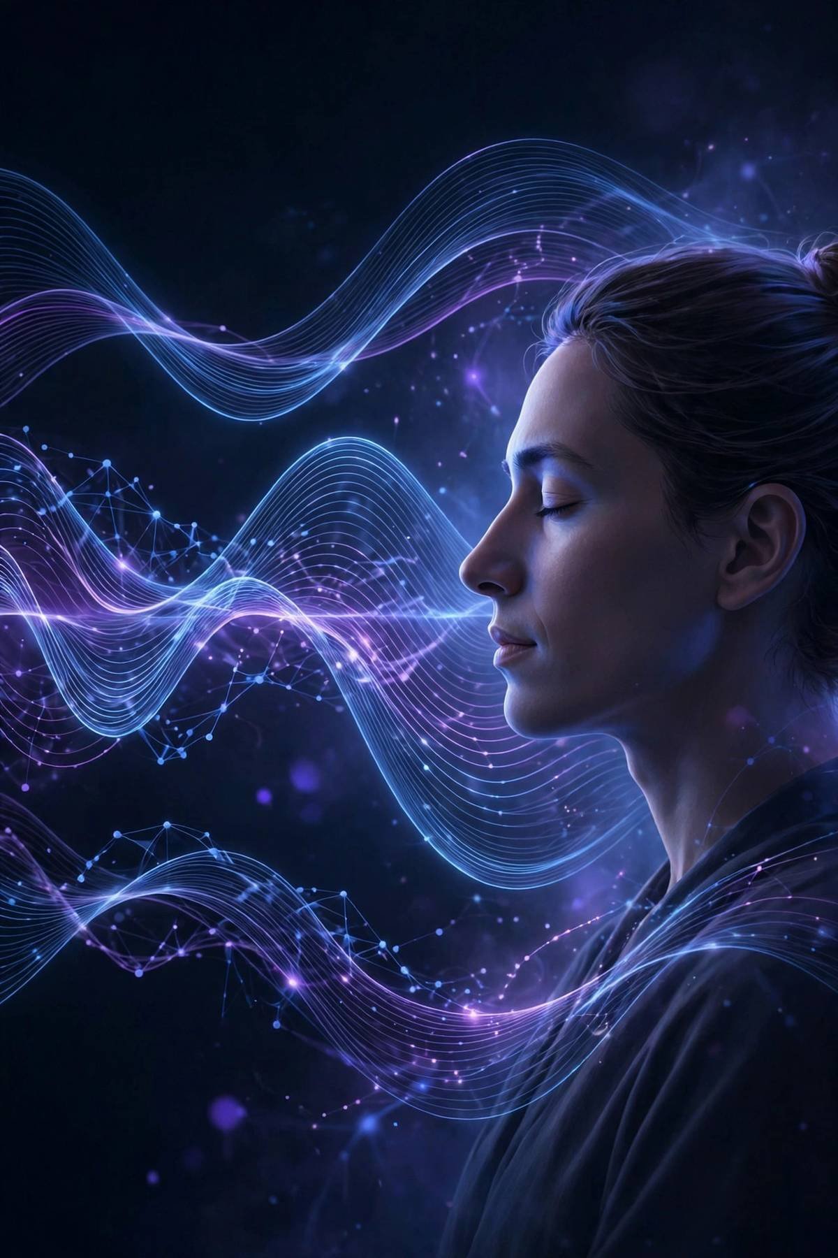How The Wealth Signal claims to work — glowing alpha brainwave lines around a meditating person