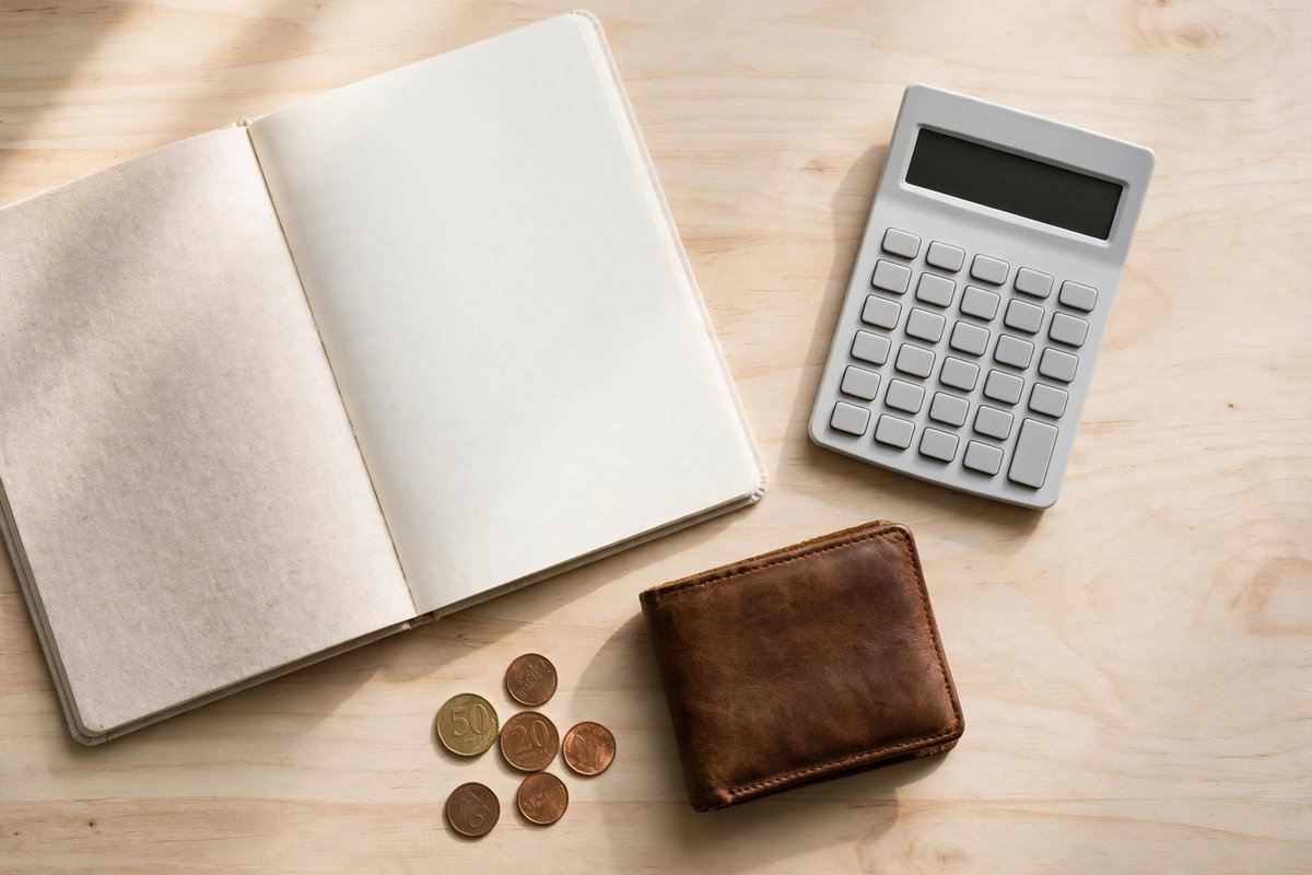 The Wealth Signal price — wallet, coins and a notebook on a wooden table