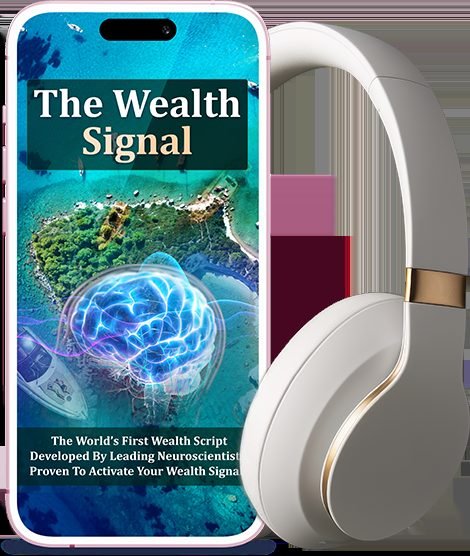 The Wealth Signal product image from the official sales page — phone with the program cover and headphones