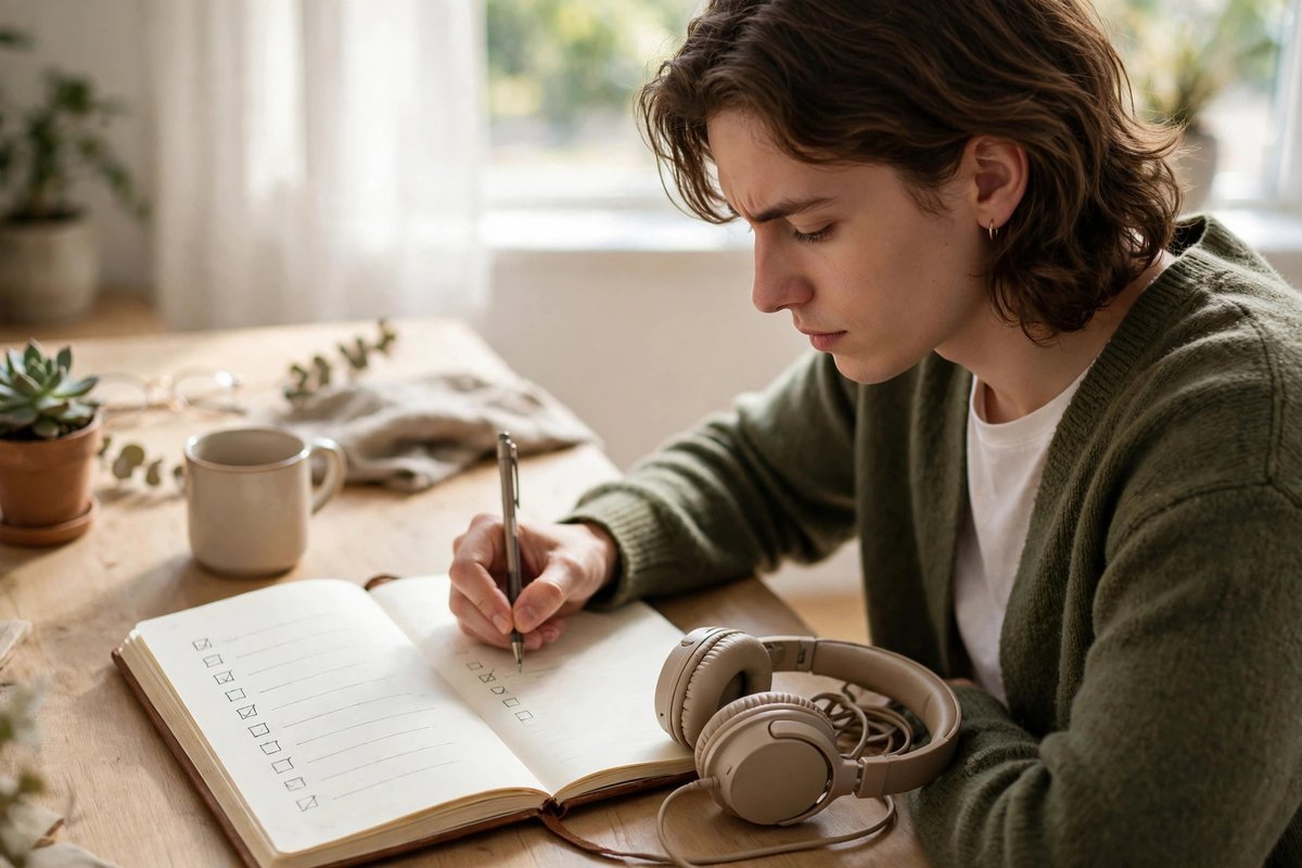 Daily routine with The Wealth Signal — writing in a journal with headphones nearby
