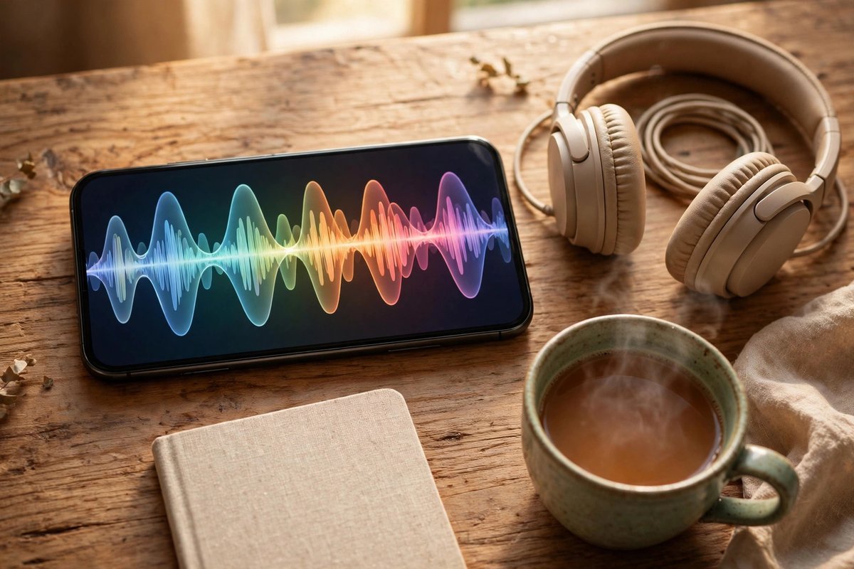 What is The Wealth Signal — phone with an audio program, headphones and notebook on a desk