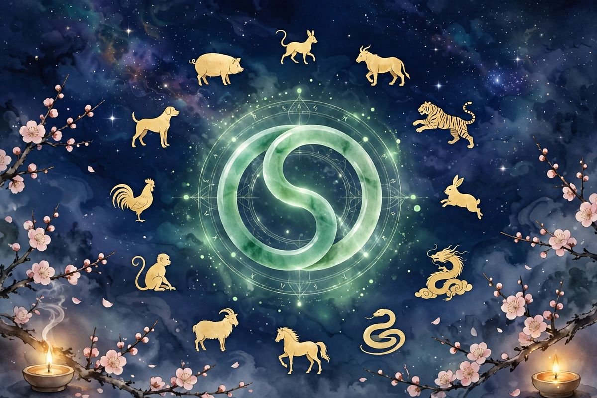 Your Astrology Language review: cosmic Eastern astrology illustration with Chinese zodiac and destiny chart