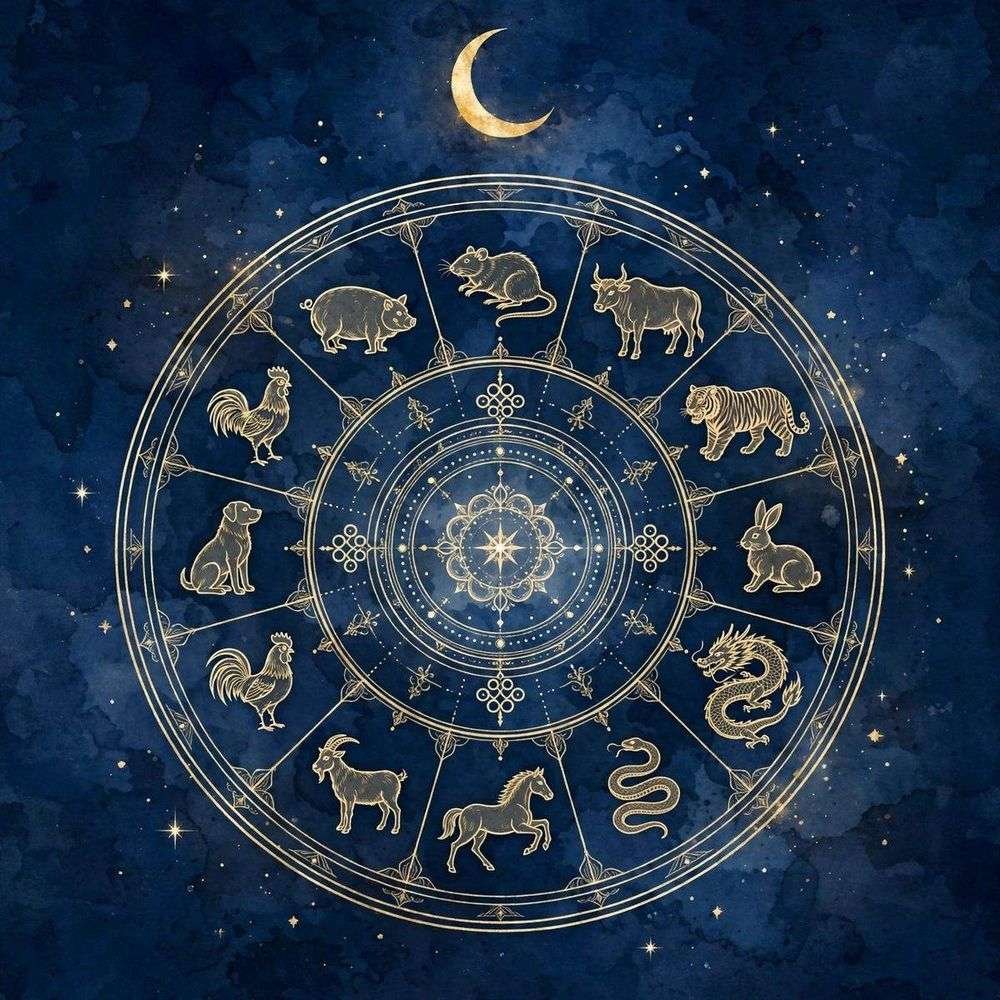 Eastern astrology birth chart wheel under a crescent moon