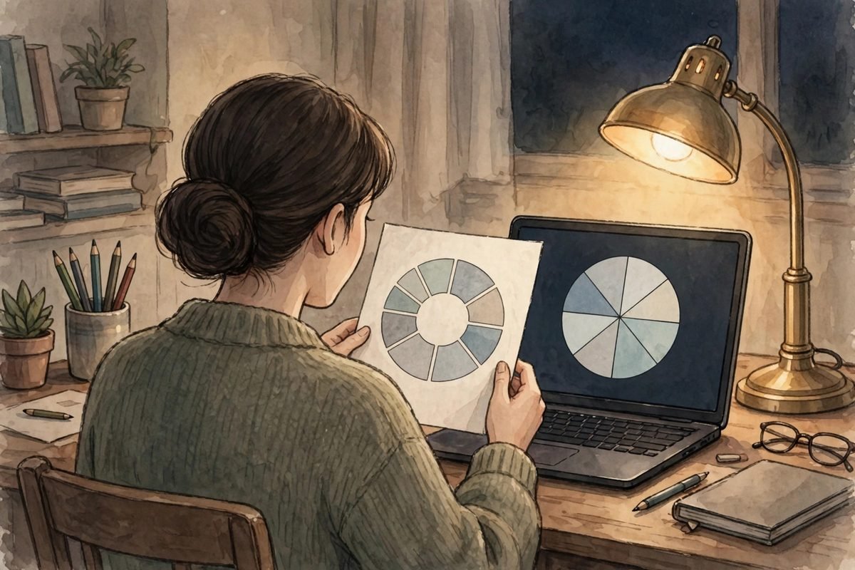 A reader comparing a printed chart with a chart on a laptop