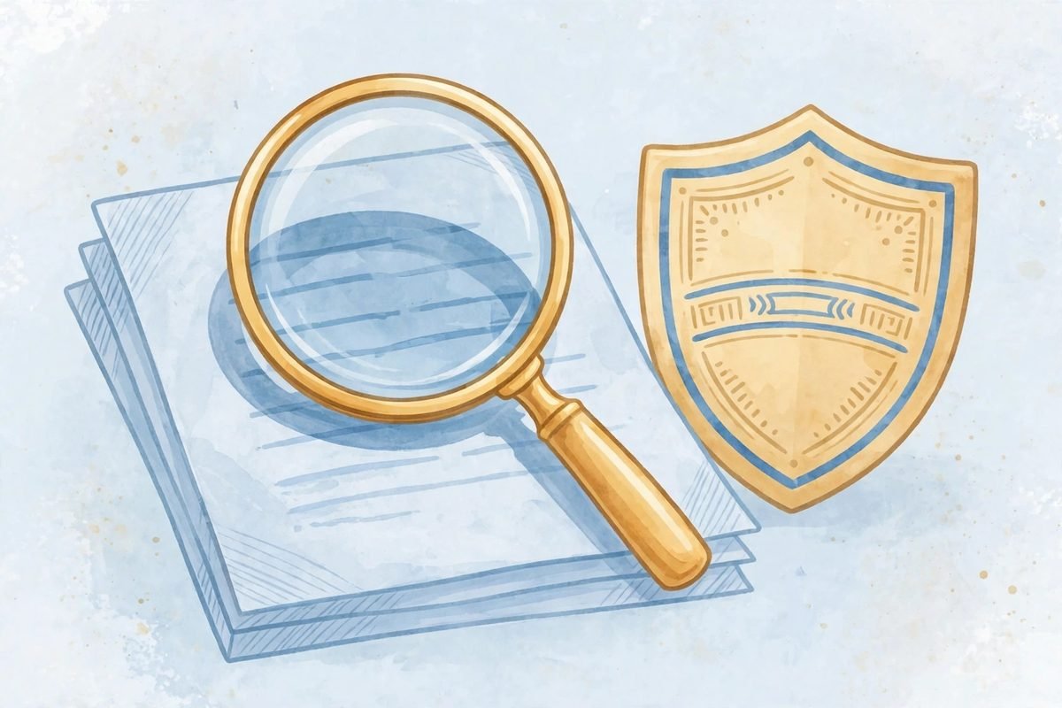 A magnifying glass over a document next to a shield