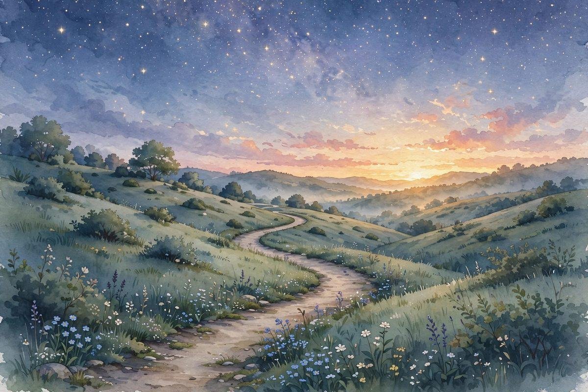 A winding path under stars toward a sunrise