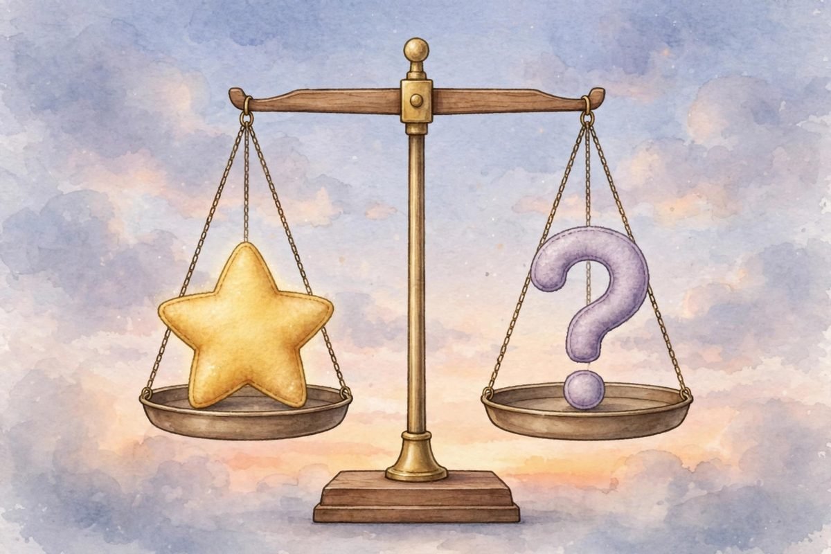 A balanced scale with a star and a question mark